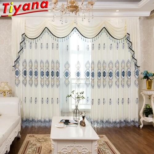 European White Luxury Curtains High-end Blue Embroidery Fabric For Living Room Lace Bottom Drapes for Bedroom HM680#VT