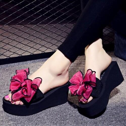 Open Toe Elastic Cloth Belt Bow Sandals Home 7CM High Heels Beach Wedges Slippers Women Large Size Stretch Fabric Non-Slip Y