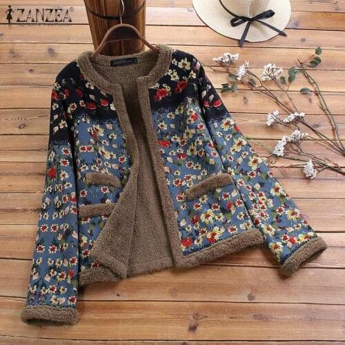 Vintage Fluffy Coats Womens Floral Jackets ZANZEA 2021 Winter Print Outwears Female Button Tops Outwears Open Front Cardigans
