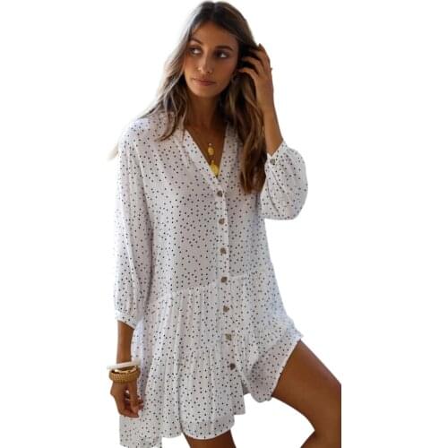 Polka Dot Women Beach Cover Up Shirt Dress 2020 Celmia Long Sleeve Casual Loose Kimono Cardigan Plus Size Beach Wear Swim Suit
