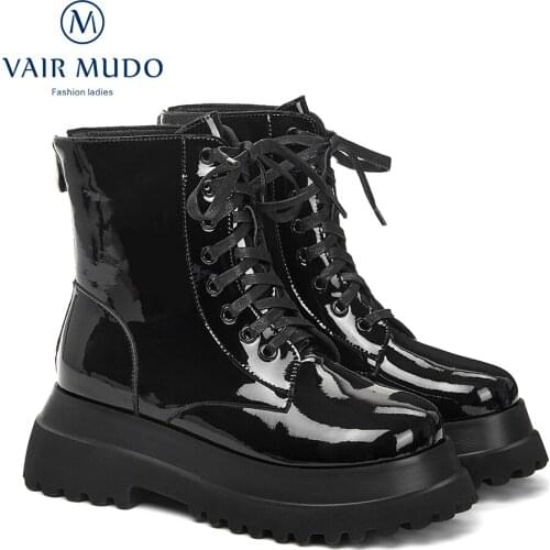 VAIR MUDO Women Ankle Boots Shoes Lace Up Black Thick Bottom Solid Round Toe Elegant Genuien Leather Platform Shoes WM-X30