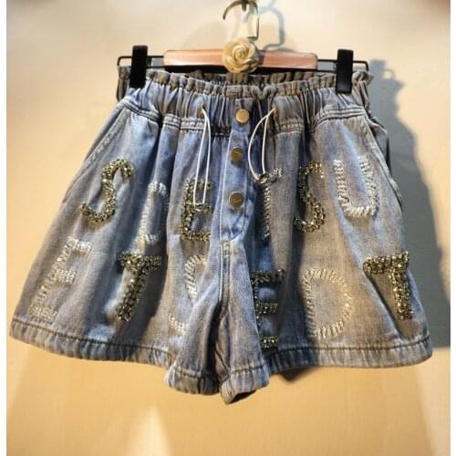 Elastic Waist Denim Shorts Women Heavy Crystal Beading Letters Loose Casual Slim Wide Leg Shorts Denim Jeans Femme Large