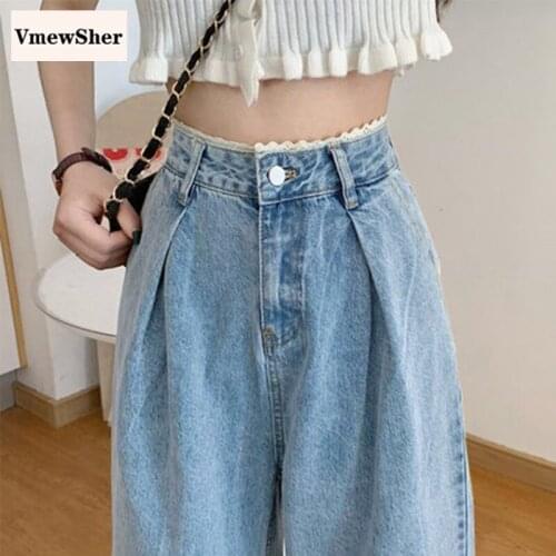 VmewSher New Autumn Winter Women Jeans High Waist Wide Leg Loose Straight Denim Pants Lace Patchwork Trousers Sweet Streetwear