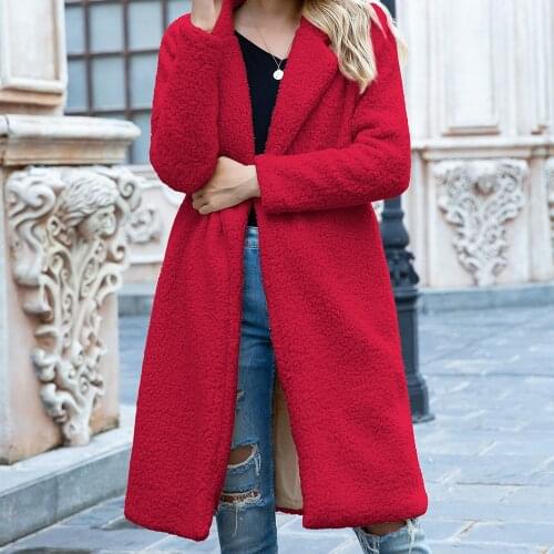 Womens autumn and winter new mid-length lapel wool cardigan lamb wool coat