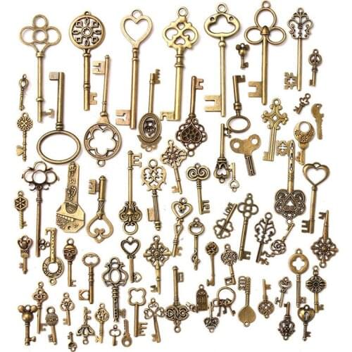 1 Set Of 70pcs Antique Vintage Old Look Bronze Skeleton Keys Fancy Heart Bow Necklace Pendant