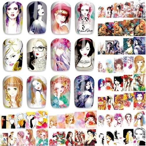12 sheets aquarelle girl design water transfer nail art sticker decals for nail tips decoration manicure tools watercolour