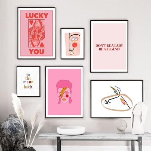 Nordic Abstract Poster Line Face Canvas Painting Wall Art Pink Style Letter Lucky You Pictures Modern Decorative For Living Room