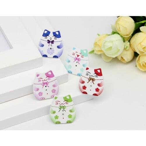 50Pcs Multicolor Cat Botones Knopf 2 Holes DIY Random Wooden Buttons Sewing Scrapbooking Accessories 23x25mm