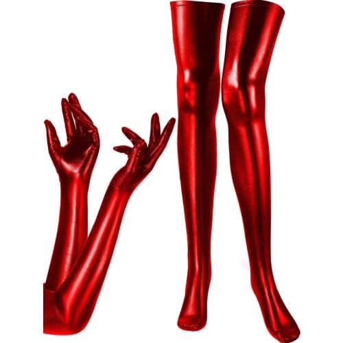 Anime Thigh High Stockings Christmas Stockings Long Socks Cosplay For Women Long Metallic Satin Leather Finger Elastic Gloves