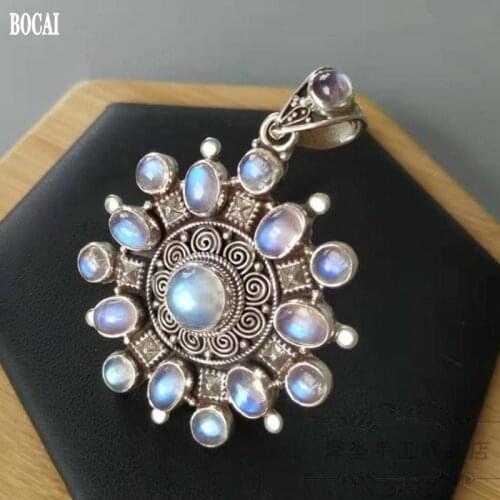 BOCAI 2021 trend Nepal 925 silver jewelry handmade inlaid natural moonstone pendant for women