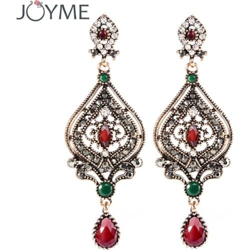 Bohemian Women Wedding Earrings Heart Long Blue Red Austrian Crystal Antique Indian Chandelier Bridal Hanging Earring Jewelry