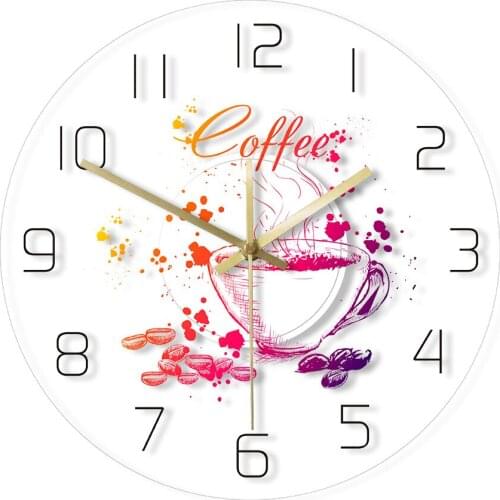 Painted Coffee Cup With Beans Wall Clock Kitchen Dining Room Decorative Waterproof LED backlight Modern Mute Acrylic Wall Saat