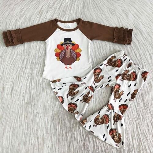 Kids brown sleeves shirt and bell pants outfit baby girls fashion turkey outfit boutique girl Thanksgiving day 2pcs set