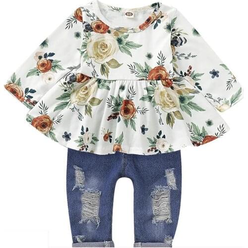 Newborn Baby Clothing Baby Girl Tops jeans Flowers printed Jumpsuit Long Sleeveless Children Clothes Sets