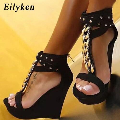 Eilyken Women Sandals Platform Shoes Wedges Punk T-Strap Metal Chain Rivet Ladies Sandals High Heels Black Peep Toe Sandals