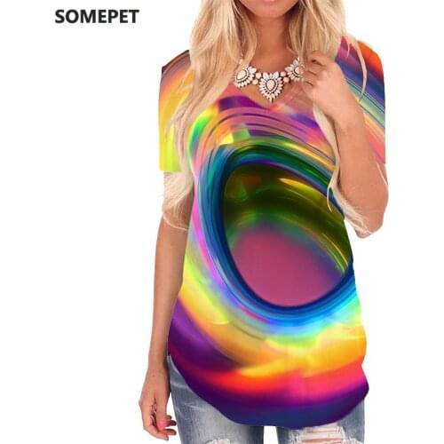 SOMEPET Dizziness T-shirt women Colorful Shirt Print Abstract Funny T shirts Art V-neck Tshirt Womens Clothing Summer Loose