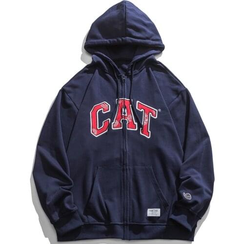 LACIBLE Hip Hop Streetwear Men Loose Zipper Hooded Jacket Coat Hoodie Cat Letters Embroidery Hoodie Sweatshirt Unisex Hoodies