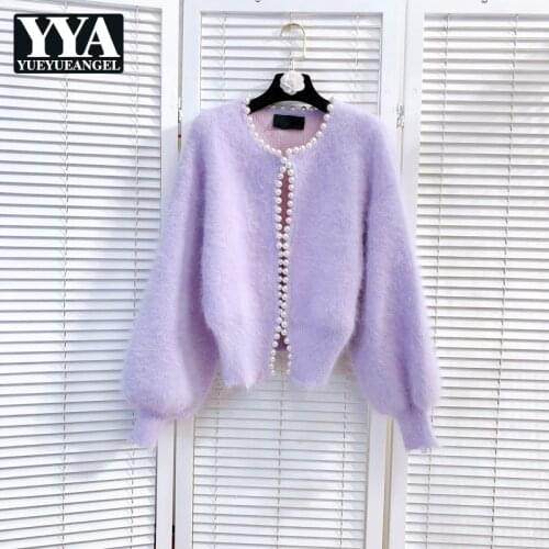 Winter New France Style Handmade Pearls Warm O-Neck Puff Sleeve Casual Womens Fashion Solid Jackets Office Lady Elegant Coat