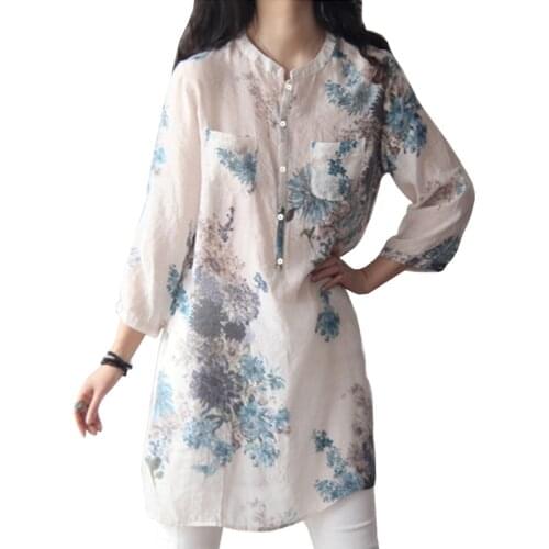 Summer Fashion Floral Print Cotton Linen Blouse Plus Size Loose Tops Female Womens Short Sleeve Shirt Blusas Femininas Pullover