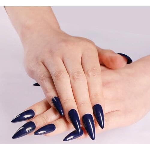 Almond Dark Blue Short Impress Press On Nails Stiletto Full Cover Sharp Faux Ongles Artificial Glossy Fake Nail Art Decoration