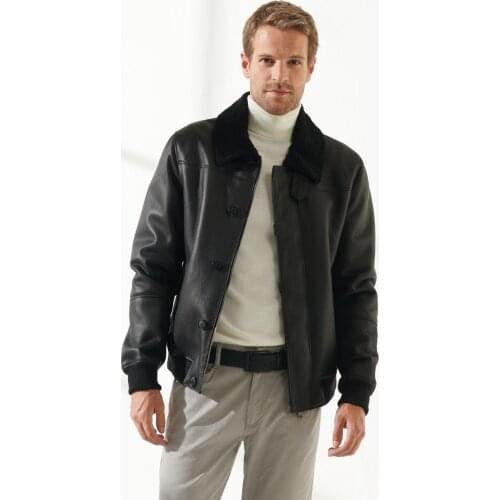 Fast Fashion genuine sheepskin black jacket winter wool collar leather jacket free shipping