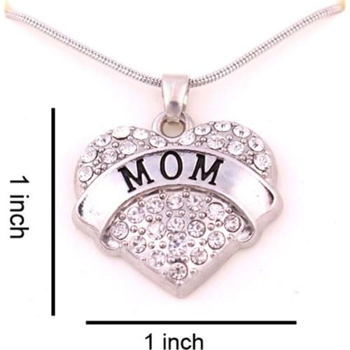 Fashion rhodium plated zinc studded with sparkling crystals MOM heart pendant necklace