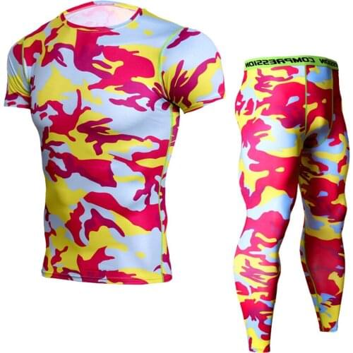 Mens Training T-shirt and Comfortable Trousers Tight Fast Drying Workout Clothes Tights Leopard Series