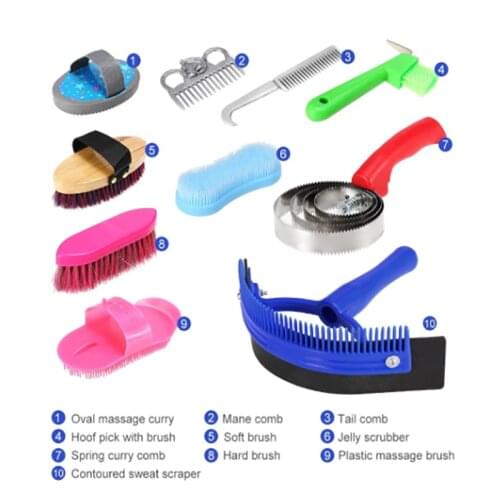 Grooming Tool Horse Set Bathing Cleaning Supplies Horse Hairs Combs Mage Curry Brush Sweat Kit Horse Grooming Scrubber 10-IN-1
