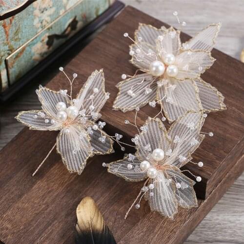 3pcs set Beautiful hairpins Beaded Gold Glitter crepe flower yarn brides Headdress wedding hair Accessories