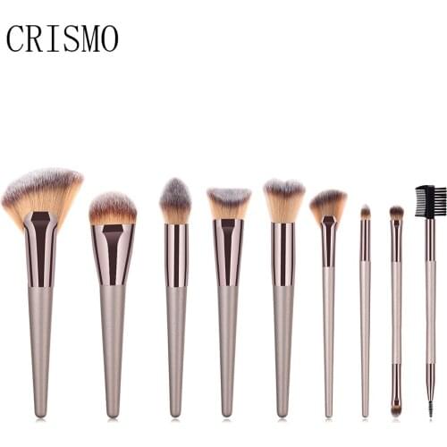 CRISMO 9pcs Champagne Makeup Brushes Set Cosmetic Foundation Powder Blush Eyeshadow Kabuki Blending Make Up Brush Beauty Tool