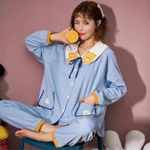 Sleepwear blue suit simple 2020 long-sleeve cotton net red Korean casual home service sexy Pajamas new arrival camison mujer