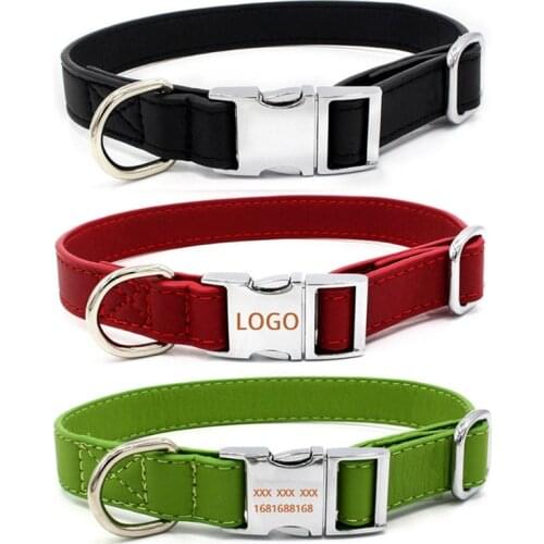 Free Engraved Zinc Alloy + PU Dog Collar Pet Name ID Customized Adjustable Metal Buckle Dog Tags For Medium Large Dogs
