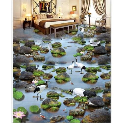 Beibehang Custom floor decoration draw 3d creek flowing water stone white dew crane lotus carp 3D three-dimensional flooring