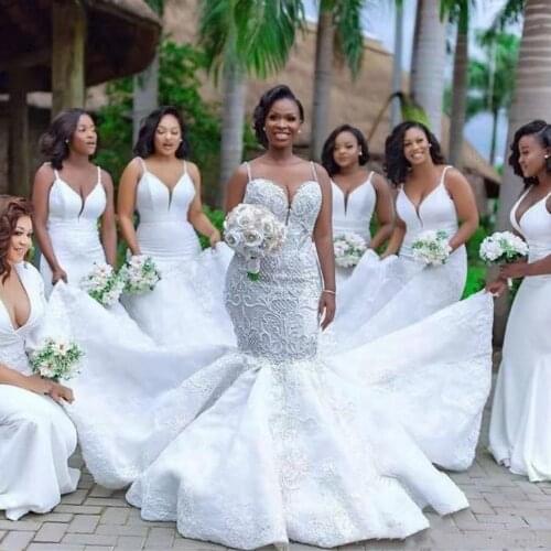 Luxury Spaghetti Straps Mermaid Wedding Dress Boho Stain Lace Appliques V Neck Bridal Gown Sleeveless Princess Robe De Marriage