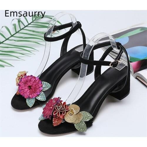 Crystal Sequins Flower Gladiator Sandals Women Black Suede Hoof Heel Ankle Strap Rhinestone Summer Sandalias Mujer
