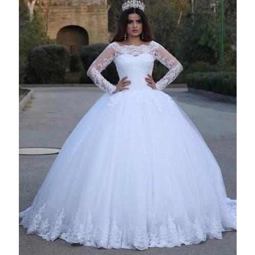SuperKimJo Robe De Mariée White Wedding Dresses Long Sleeve Lace Applique Boat Neck Elegant Wedding Gowns Robe Femme