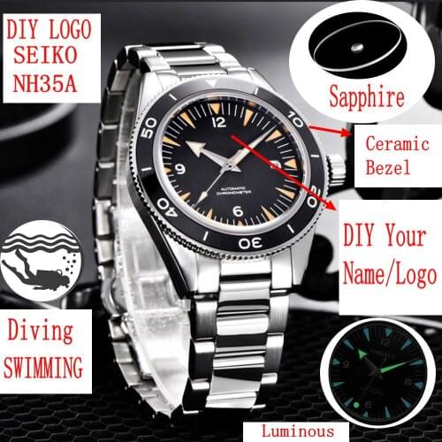 Custom Logo100 Waterproof Mens Watch 41mm Sapphire Ceramic Bezel Male Mechanical Clock Diver Sports NH35 Automatic Wristwatch
