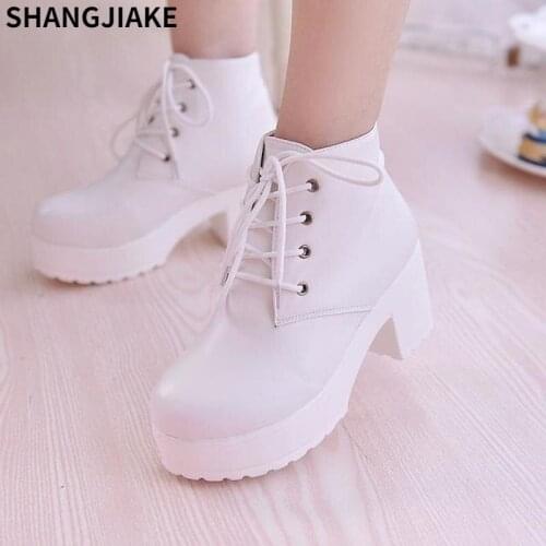 2021 Womens Single Boots New Horse Boots Square Heel Round Toe Spring High Heel Boots Lace-Up Plus Size 35-45