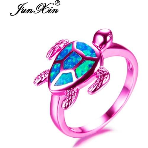 JUNXIN Female Blue Fire Opal Ring Fashion Pink Gold Filled Jewelry High Quality Vintage Wedding Rings For Women Turtle Ring