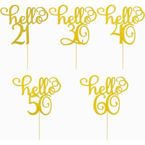 1P Gold Glitter Cake Topper DIY Hello 21st 30/40/50/60th Adult Birthday Party Cake Decoration Wedding Anniversary Cupcake Topper
