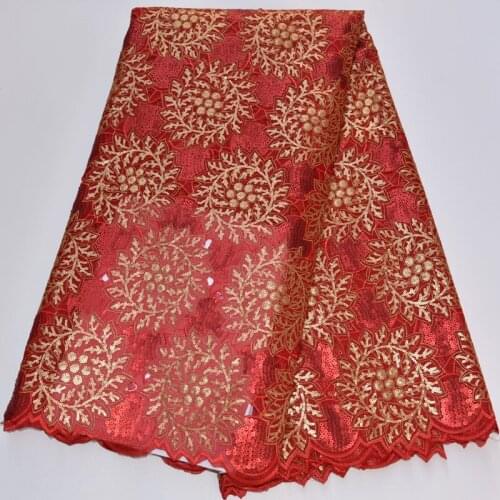 5yards/pc) high quality African handcut organza lace fabric red and gold shining sequins embroidery for fashion dress OP015