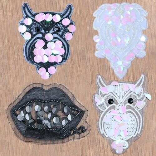 Owl Lips Kiss Heart Organza Acrylic Beaded Sequins Icon Embroidery Applique Patch For Clothing DIY Sew up Badges on the Backpack