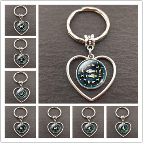12 Constellation Heart-shaped Key Chains12 Zodiac Signs Key Rings Bag Car Round portachiavi sleutelhanger Pendant Man Woman