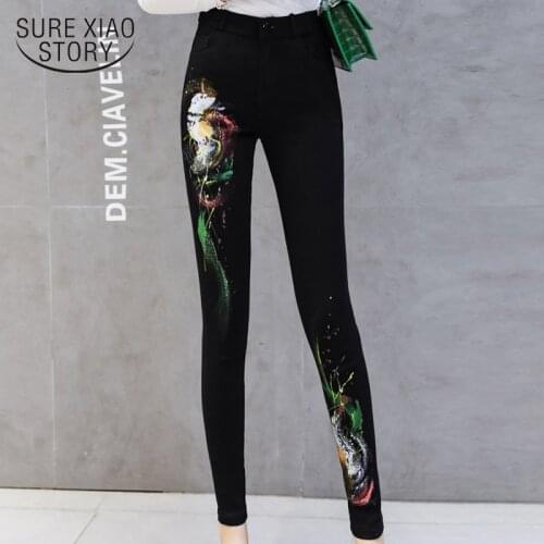 Pencil Pants Button Trousers Personality Graffiti Printed Black Elastic Jeans Women Pants 2021 Autumn and Winter Pants 6851 50