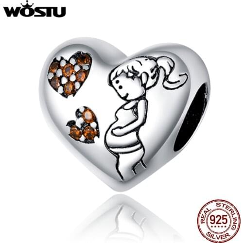 WOSTU Heart Charms 925 Sterling Silver Pregnant Mother Lettering Mom Zircon Beads Fit Original Bracelet Necklace Jewelry CQC1589