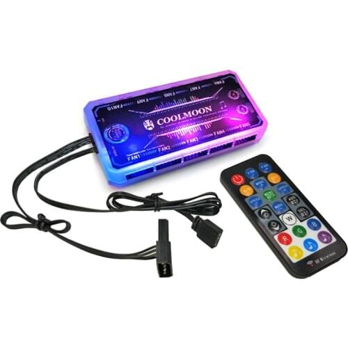 RGB Remote Controller DC12V 5A LED Color Intelligent Fan w/10 pcs 6pin fan port 2 pcs 4pin light bar for Sync to Motherboard