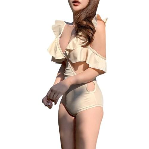 Womens Solid Color One-piece Swimsuit Deep V-neck Hollowed Waist Ruffled Triangle Tank Swimwear for Swimming