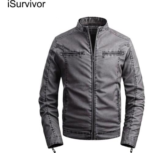 ISurvivor 2021 Mens stand collar plus velvet PU leather jacket multi-pocket washed leather jacket casual leather jacket