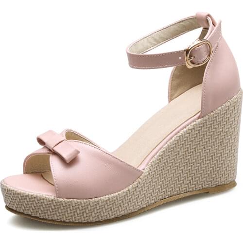 Women Wedges Sandals Summer Ankle Strap Lady Peep Toe High Heels Sweet Female White Pink Apricot New Bowknot Platform Shoes M134