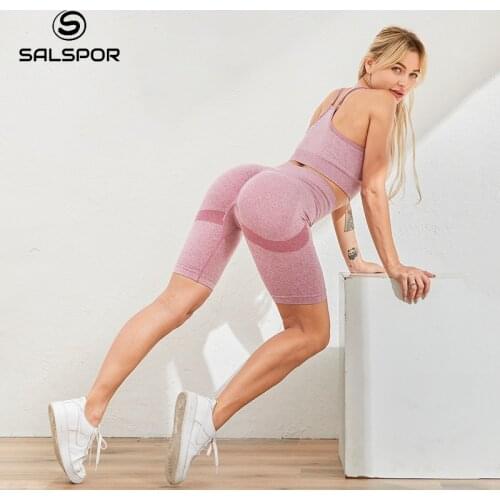 SALSPOR Women Seamless 2 Piece Sets Ladies Solid High Waist Push Up Shorts and Bras Gym High Stretchy Tracksuits Fitness Suit